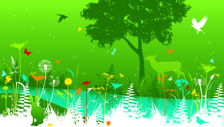 Farbige Wandbild-Grafik des Fachbereichs Umwelt und Stadtgrün mit Pflanzen, Tieren und einem Flußlauf im Vordergrund
